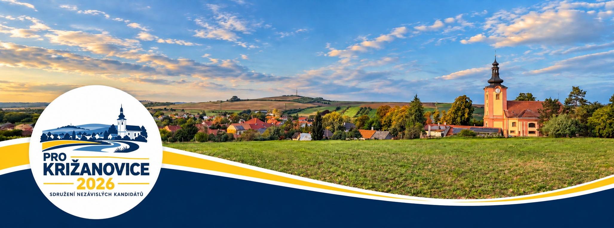 Panorama Křižanovic s kostelem a modrožlutým motivem